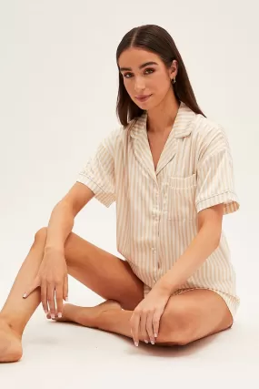 Brown Stripe Pyjamas Set Short Sleeve Collared Shorts Satin