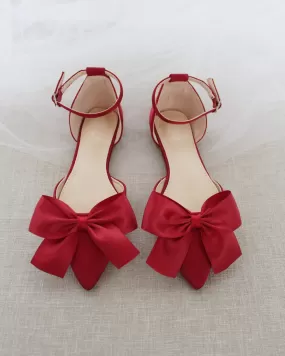 Burgundy Satin Pointy Toe flats with Front Satin Bow