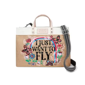 Fly Away East West Burlap Tote