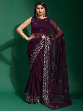 Odette Women Violet Georgette Saree With Blouse Piece