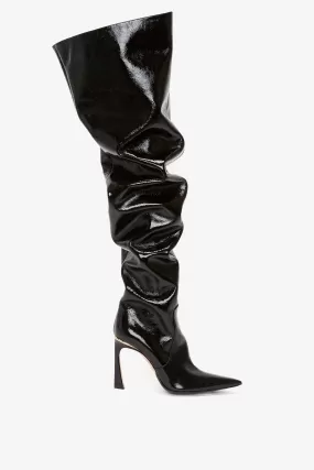 Thigh High Pointy Boot in Black Patent